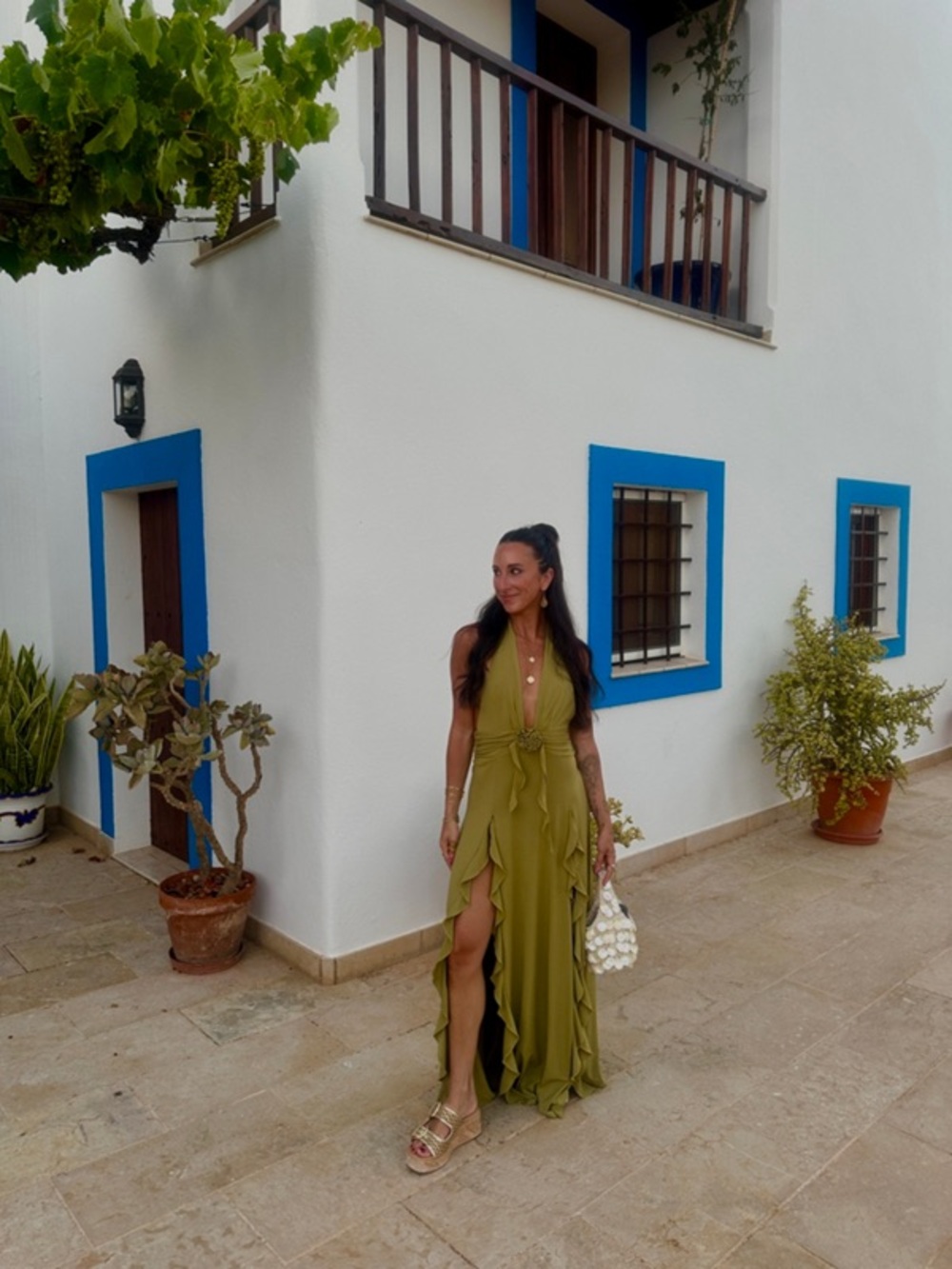 WeWoreWhat Halter Ruffle Maxi Dress Olive Green with Slits & Front Rosette - Picture 5 of 13